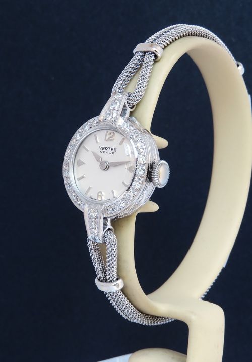 fig 1. Beautiful Solid 18ct White Gold and Diamonds Ladies Cocktail Watch by Vertex c1961-62