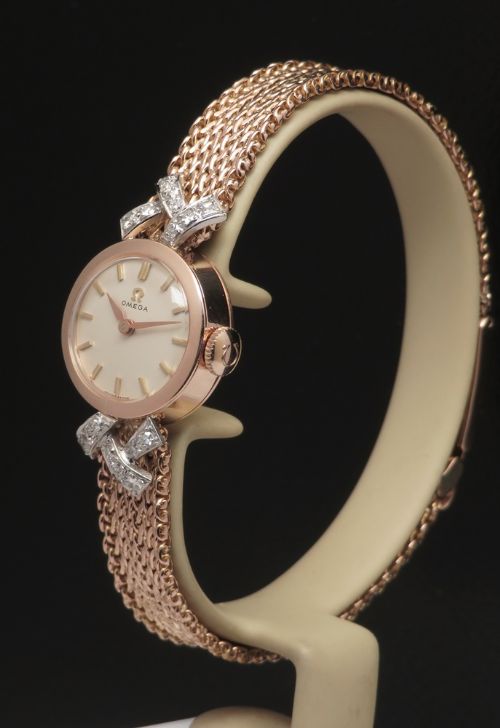 fig 1. Rare Solid 18ct Rose Gold and Diamond Omega Ladies Watch c1958