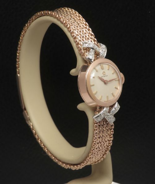 fig 2. Rare Solid 18ct Rose Gold and Diamond Omega Ladies Watch c1958