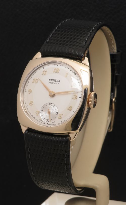 Mint Solid 9ct Gold Cushion Case Mens Watch by Vertex C1960