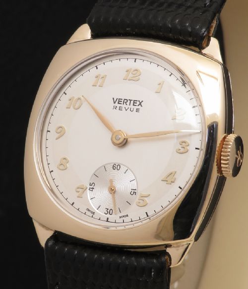 fig 1. Mint Solid 9ct Gold Cushion Case Mens Watch by Vertex c1960