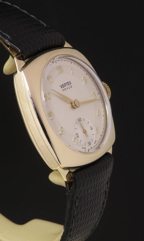 fig 2. Mint Solid 9ct Gold Cushion Case Mens Watch by Vertex c1960