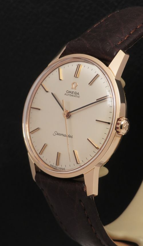fig 1. Rare Mint Untouched Solid 18ct Rose Gold Omega Seamaster Automatic c1966 With Boxes Mens Watch