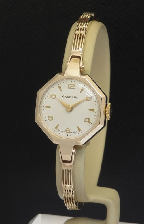 Mint Solid 9ct Gold Art Deco Ladies Watch by Garrard 'The Crown Jewellers' with Box and Papers 1961
