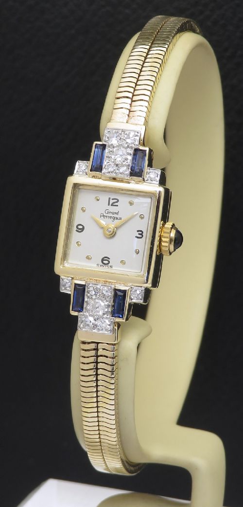 Solid 9ct Gold Girard Perregaux Diamond and Sapphire Ladies Cocktail Watch C1951