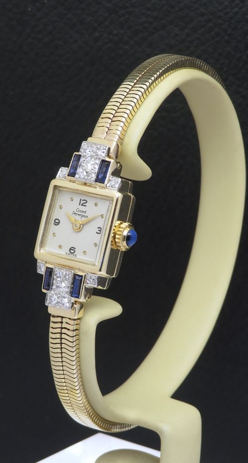 fig 1. Solid 9ct gold Girard Perregaux diamond and sapphire Ladies Cocktail Watch c1951