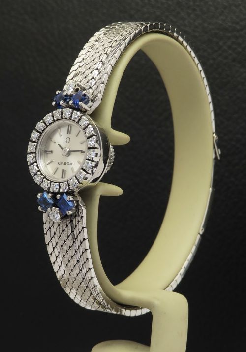 fig 1. Beautiful Solid 18ct White Gold Diamond and Sapphire Omega Ladies Cocktail Watch