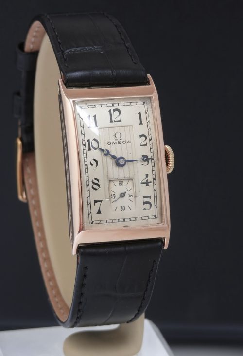 fig 1. Museum quality solid 9ct rose gold Omega 20T Art Deco gents watch c1930