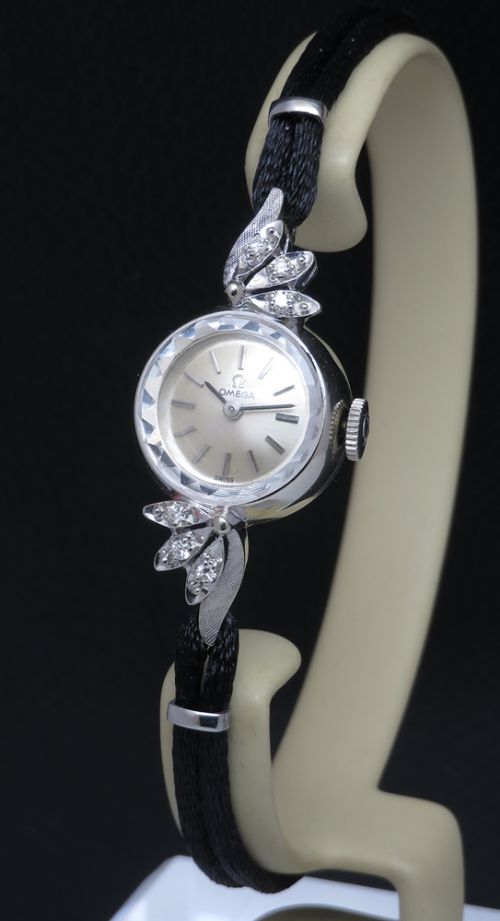 fig 1. Omega 14ct White Gold and Diamond Ladies Cocktail Watch c1965 with box