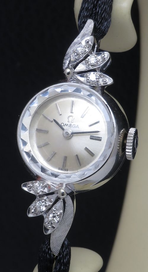 fig 2. Omega 14ct White Gold and Diamond Ladies Cocktail Watch c1965 with box