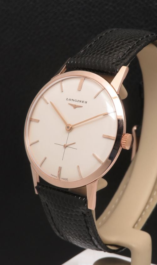 fig 1. Near Mint Solid 18ct Rose Gold Oversize Longines 19.4 gents watch c1962
