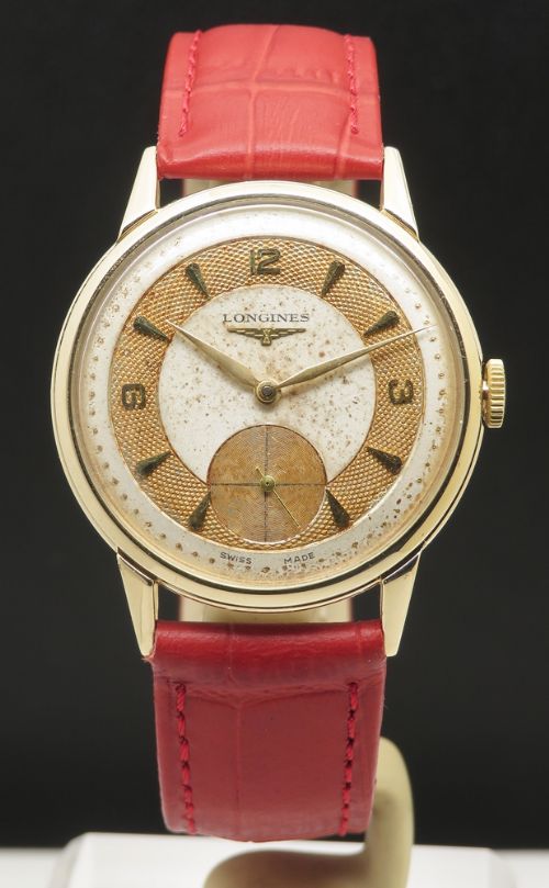 fig 2. Very Rare Solid 9ct gold All Original Fancy Dial Longines c1954