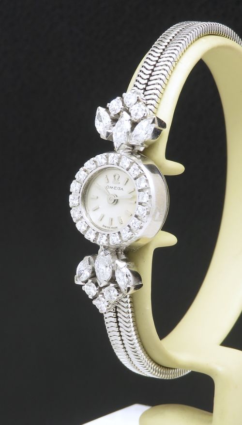 fig 1. Spectacular Solid 18ct White Gold and Diamond Omega Cocktail Watch c1956