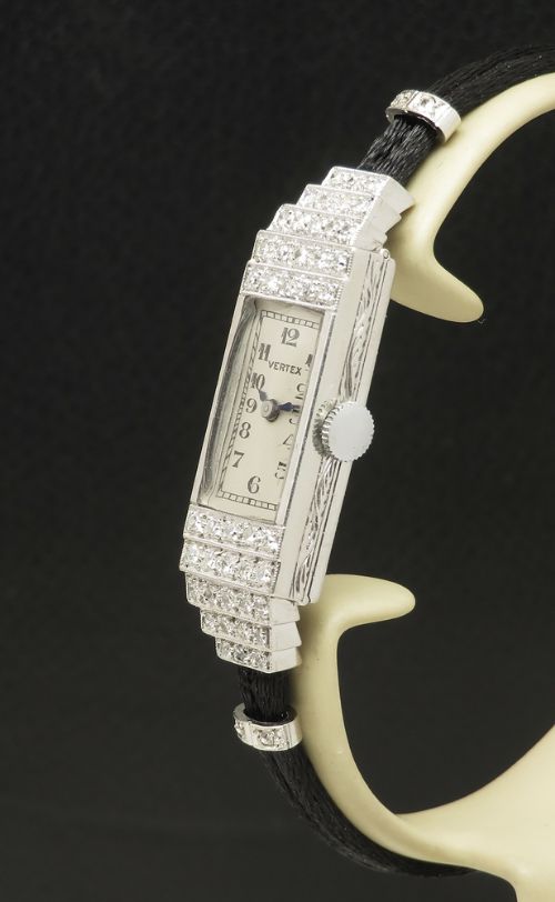 fig 1. Stunning Platinum Diamond Ladies Art Deco Cocktail Watch Vertex c1950