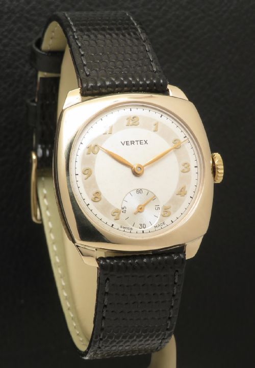 Near Mint Solid 9ct Gold Cushion Case Mens Watch by Vertex C1957