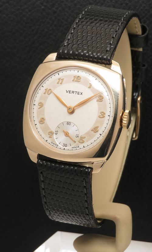 fig 1. Near Mint Solid 9ct Gold Cushion Case Mens Watch by Vertex c1957