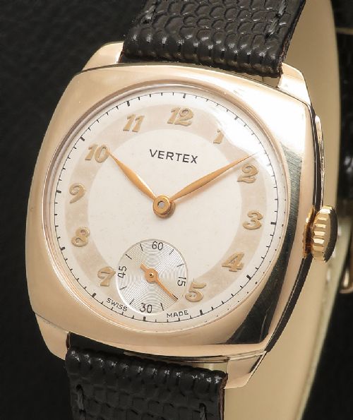 fig 2. Near Mint Solid 9ct Gold Cushion Case Mens Watch by Vertex c1957