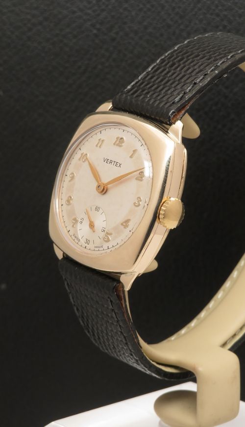 fig 3. Near Mint Solid 9ct Gold Cushion Case Mens Watch by Vertex c1957