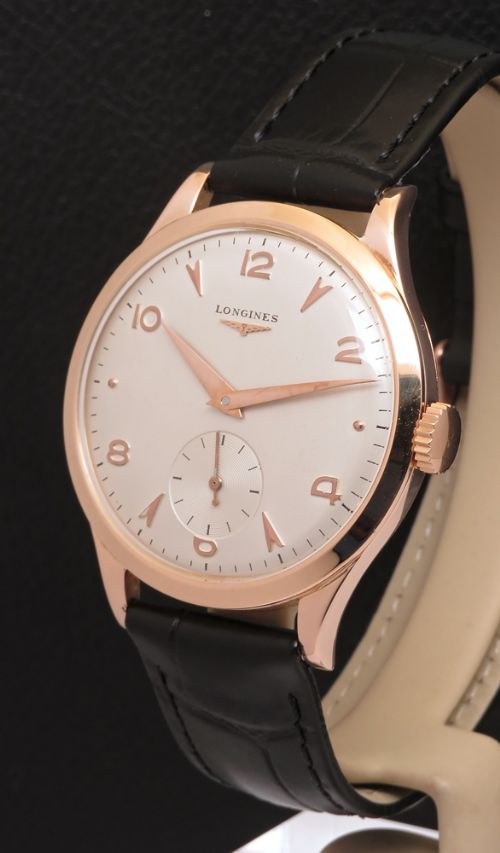 fig 1. Mint All Original Oversize Solid 18ct Rose Gold Longines Calibre 27 1951