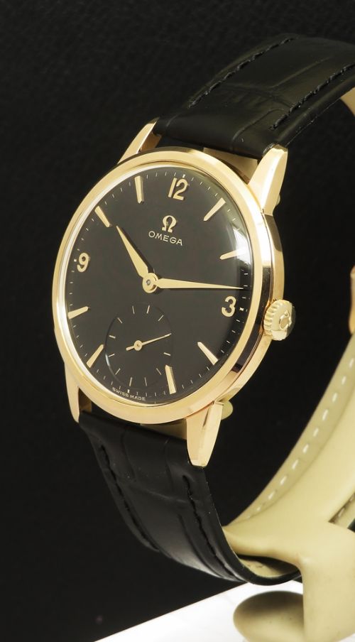 fig 2. Very Rare Museum Quality Gold Filled Black Dial Omega 267 Boxes Papers Buckle