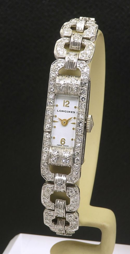 fig 1. Beautiful Platinum and Diamond Bracelet Longines Art Deco Cocktail Watch c1950s