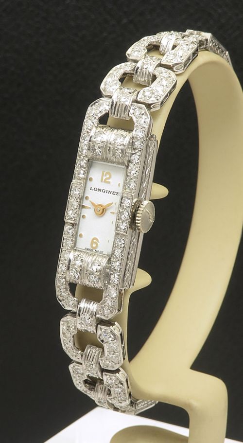 fig 2. Beautiful Platinum and Diamond Bracelet Longines Art Deco Cocktail Watch c1950s