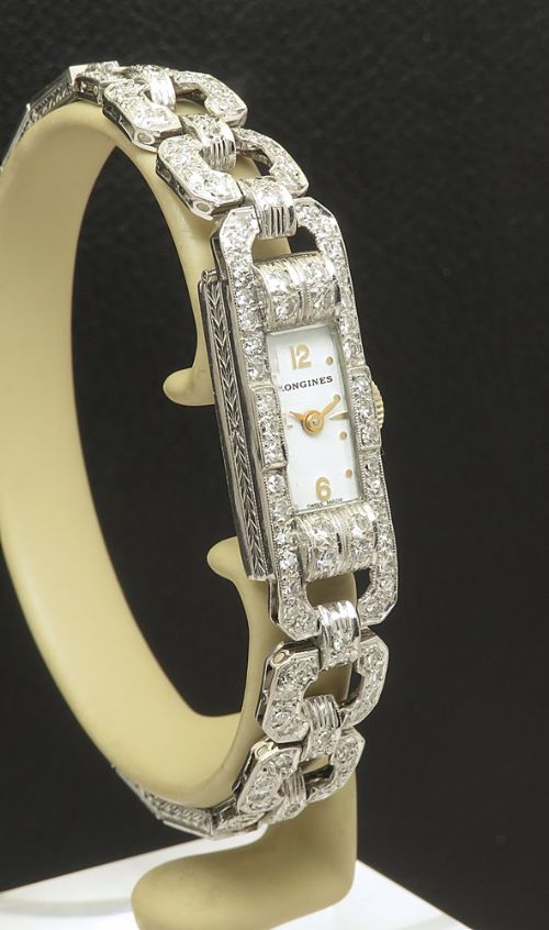 fig 3. Beautiful Platinum and Diamond Bracelet Longines Art Deco Cocktail Watch c1950s
