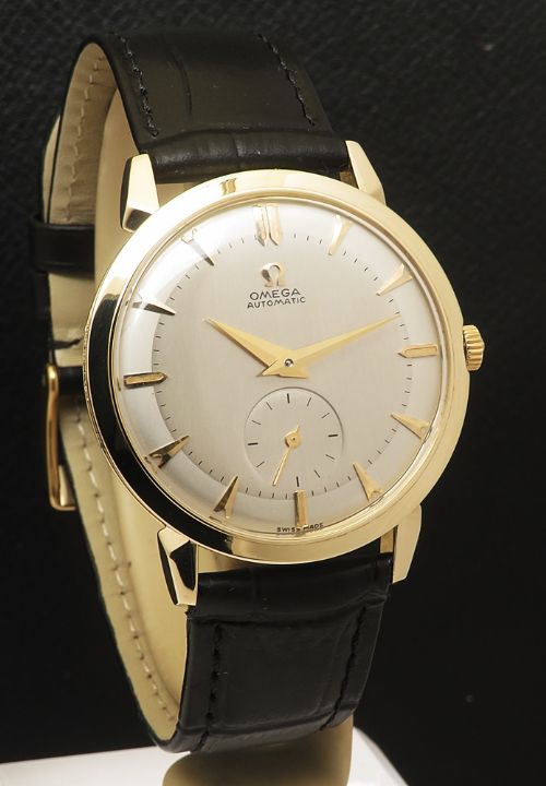 fig 6. Rare Solid 14ct Gold Omega Tresor Bumper Automatic Two Tone Dial c1953