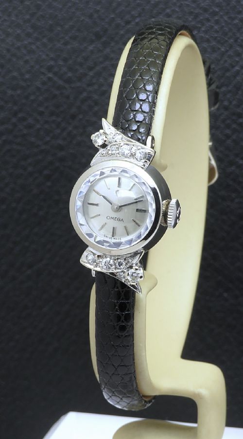 MINT WITH BOX ALL ORIGINAL 18CT WHITE GOLD AND DIAMONDS OMEGA COCKTAIL WATCH FROM 1960