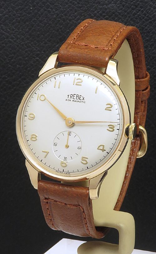 MUSEUM QUALITY UNWORN SOLID 9CT GOLD TREBEX WITH BOX PAPERWORK BUCKLE AND STRAP FULL SET FROM 1954 - ADDITIONAL PHOTO 1