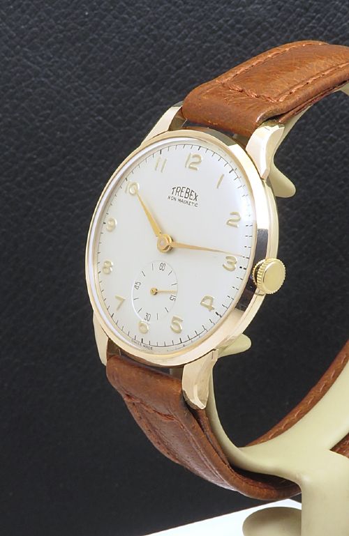 MUSEUM QUALITY UNWORN SOLID 9CT GOLD TREBEX WITH BOX PAPERWORK BUCKLE AND STRAP FULL SET FROM 1954 - ADDITIONAL PHOTO 2