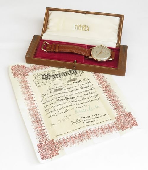 MUSEUM QUALITY UNWORN SOLID 9CT GOLD TREBEX WITH BOX PAPERWORK BUCKLE AND STRAP FULL SET FROM 1954 - ADDITIONAL PHOTO 9