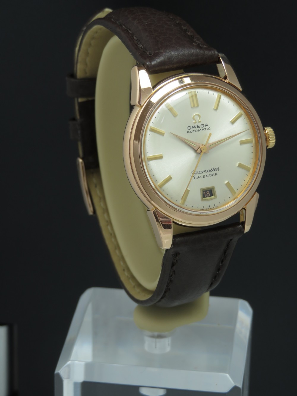 RARE SOLID 18CT ROSE GOLD OMEGA SEAMASTER AUTOMATIC CALENDAR BUMPER MENS VINTAGE WATCH C1953