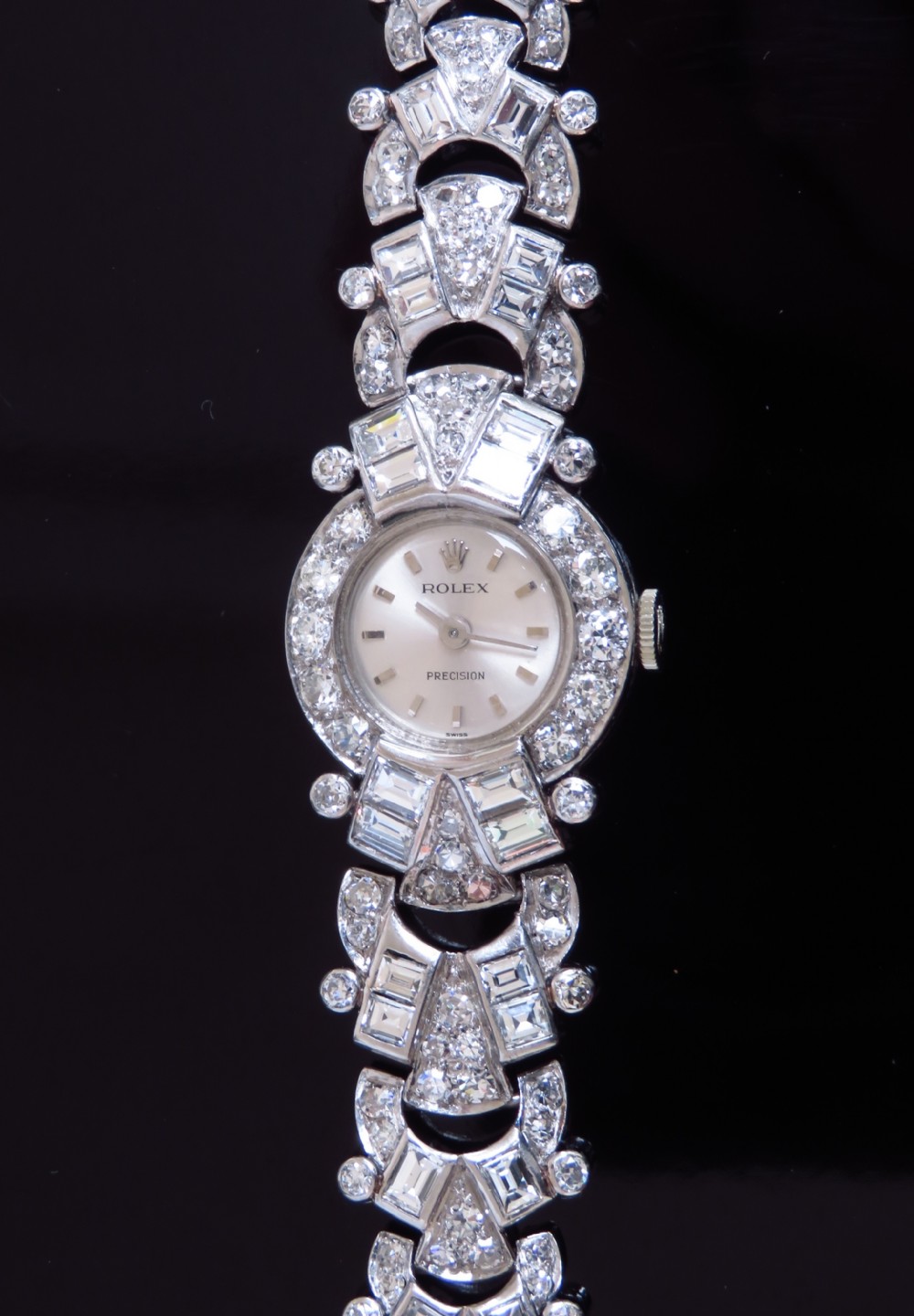  BESPOKE MADE ROLEX PRECISION PLATINUM AND 9.6CTS OF DIAMONDS LADIES ART DECO COCKTAIL WATCH WITH BOX BY THE CROWN JEWELLERS COLLINGWOOD OF LONDON C1955