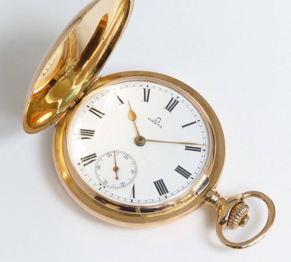 INCREDIBLE RARE OMEGA 14CT 14K ROSE GOLD POCKET FULL HUNTER POCKET WATCH WITH CHAIN AND BOX C1909