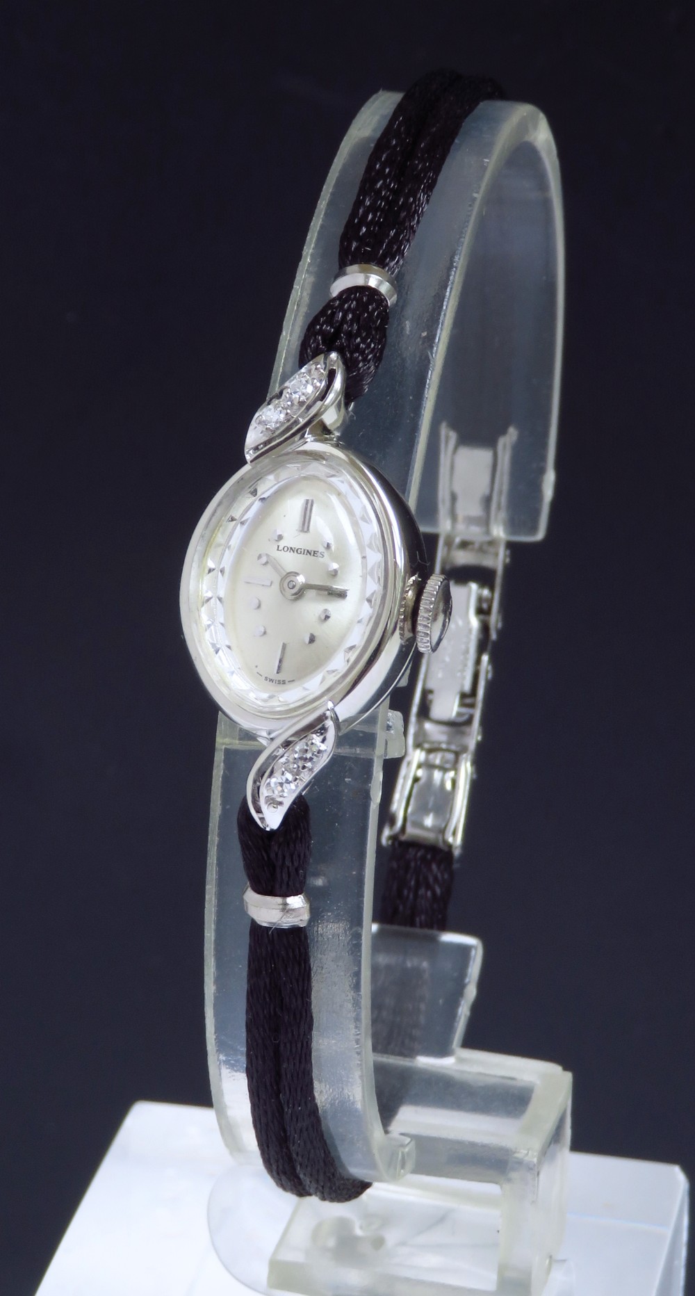 SOLID 14CT WHITE GOLD AND DIAMOND LONGINES LADIES COCKTAIL WATCH C1950