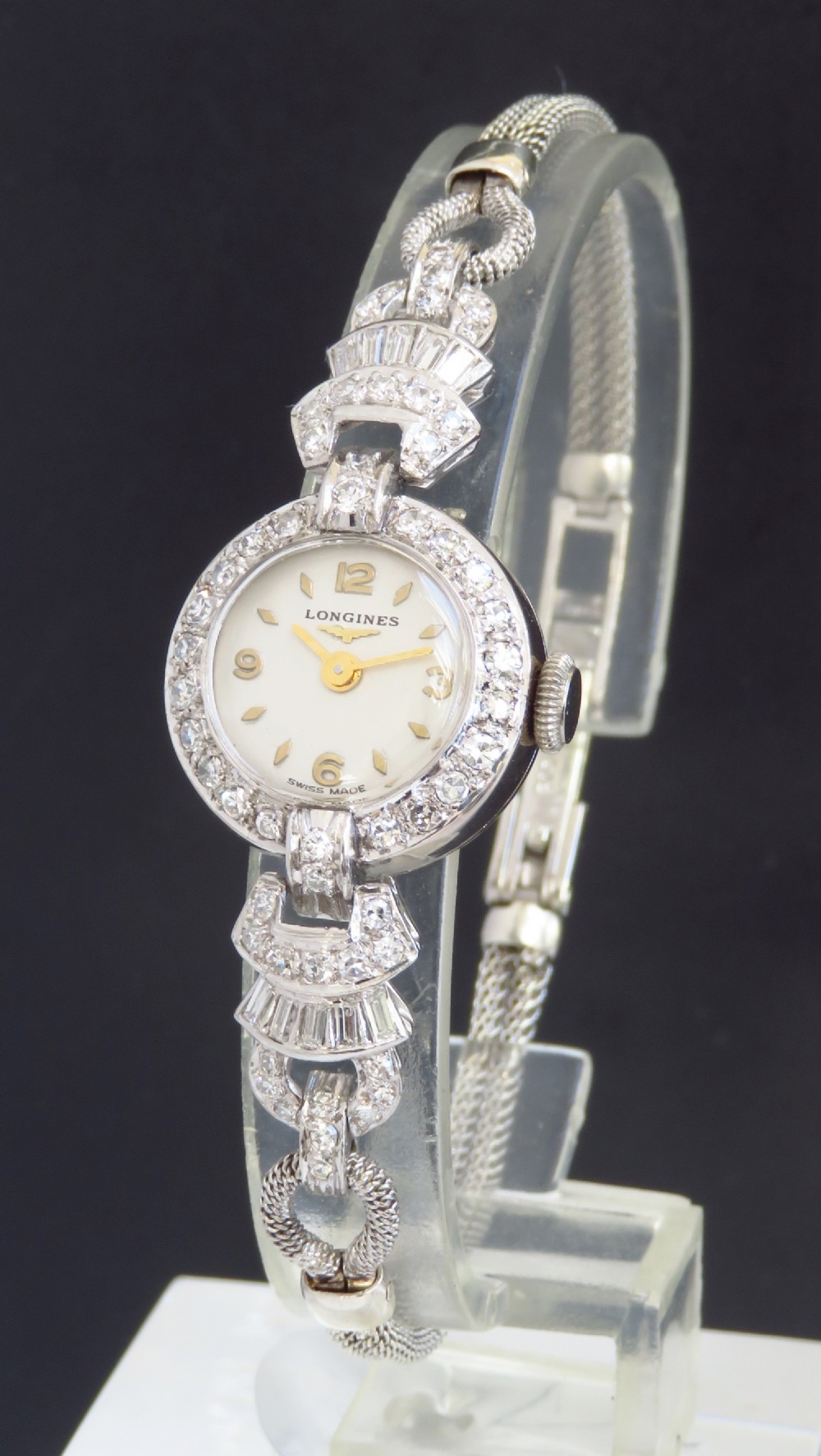 STUNNING LONGINES PLATINUM AND DIAMOND ART DECO LADIES COCKTAIL WATCH C1956