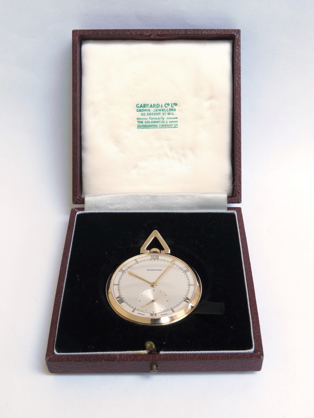 MINT CONDITION SOLID 9CT ART DECO POCKET WATCH BY GARRARD THE CROWN JEWELLERS WITH ORIGINAL FITTED BOX C1964