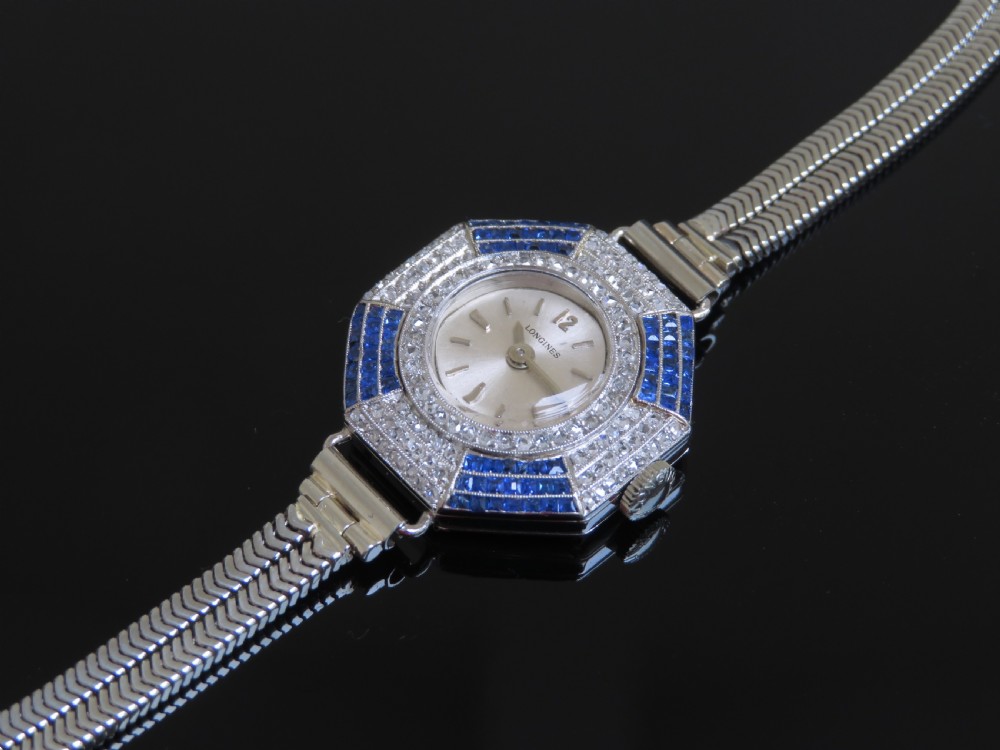 RARE AND BEAUTIFUL SOLID 18CT WHITE GOLD SAPPHIRE AND DIAMOND LONGINES ART DECO LADIES COCKTAIL WATCH C1930