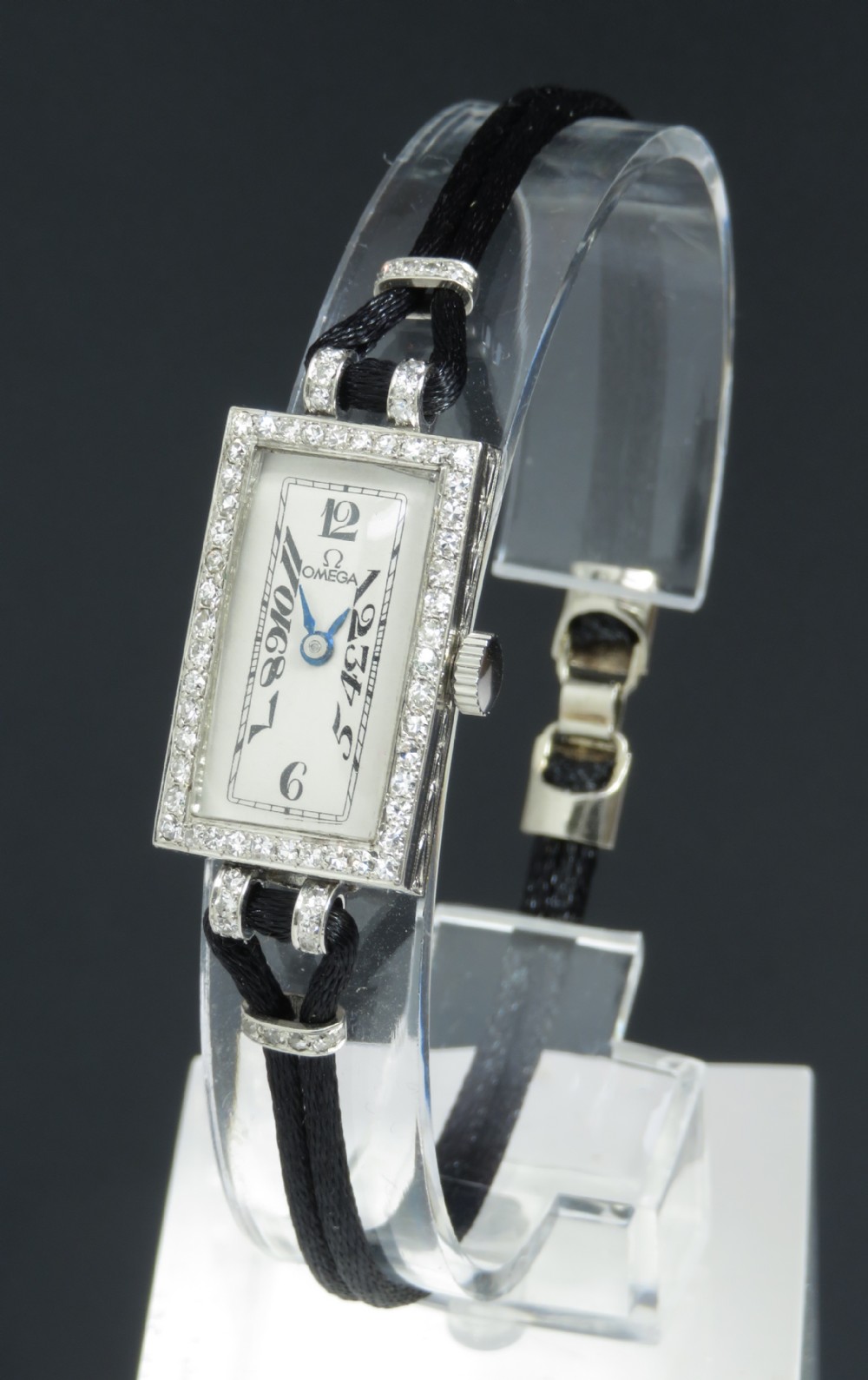 WONDERFUL OMEGA PLATINUM AND DIAMOND ART DECO LADIES COCKTAIL WATCH WITH BOX C1935