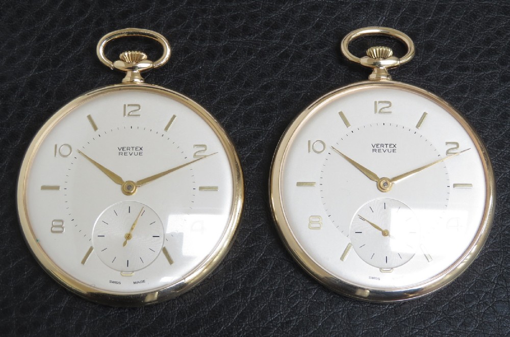 Rare Pair of Vertex Solid 9ct Gold Pocket Watches c1964