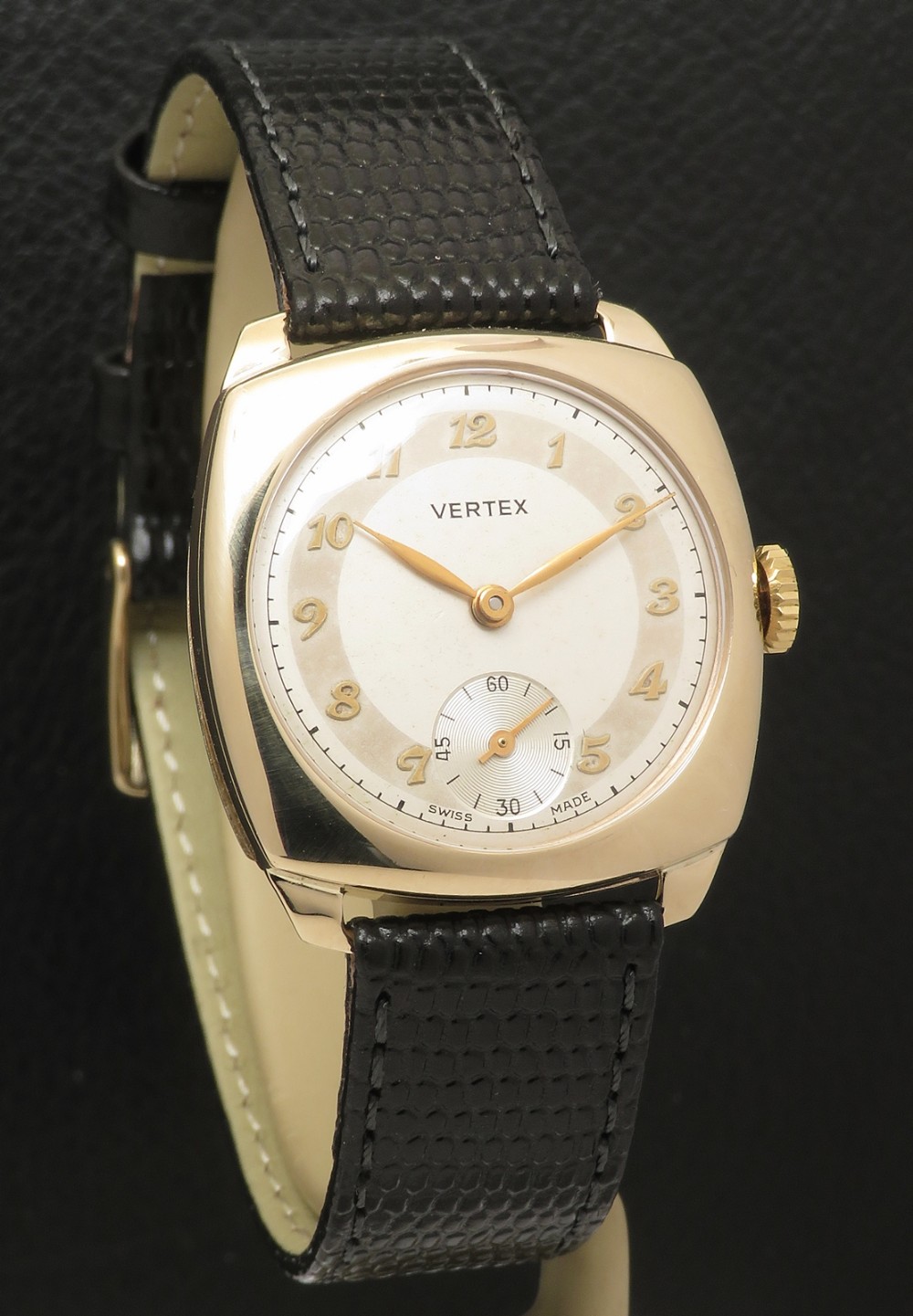 Near Mint Solid 9ct Gold Cushion Case Mens Watch by Vertex c1957