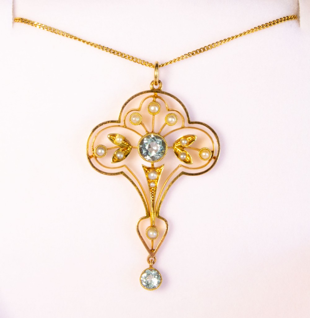 Glorious Edwardian Solid 15ct Gold Aquamarine and Seed Pearl Pendant.