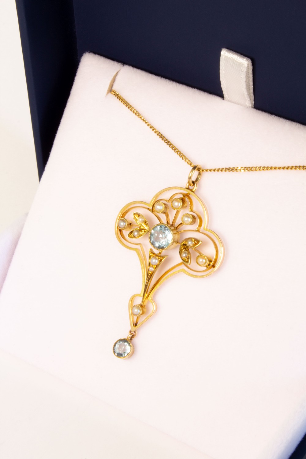 Glorious Edwardian Solid 15ct Gold Aquamarine and Seed Pearl Pendant. View II