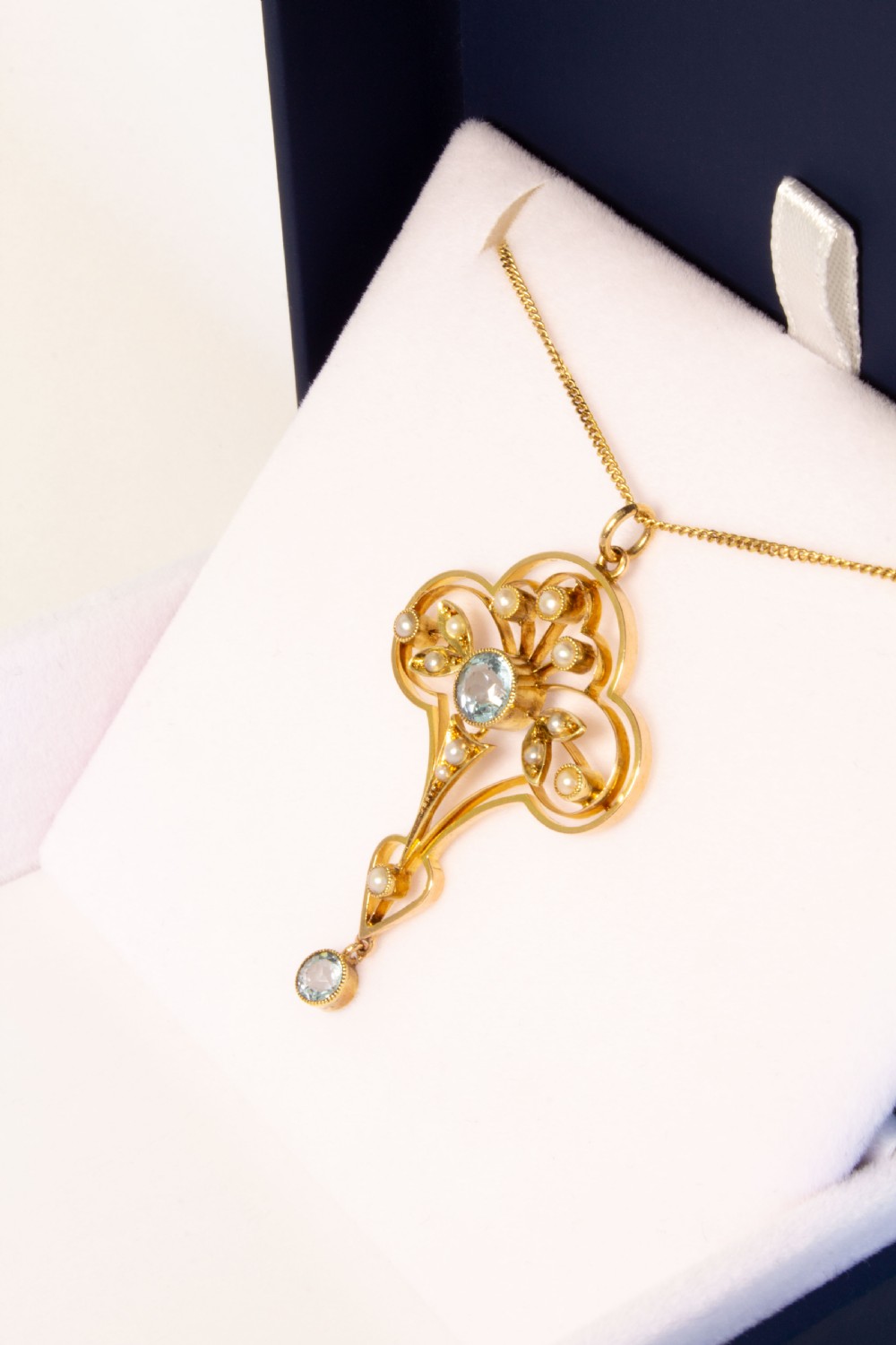 Glorious Edwardian Solid 15ct Gold Aquamarine and Seed Pearl Pendant. View III