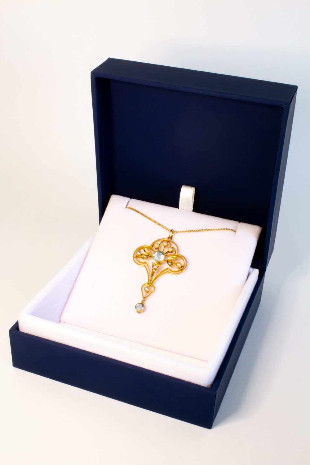 Glorious Edwardian Solid 15ct Gold Aquamarine and Seed Pearl Pendant. View IV