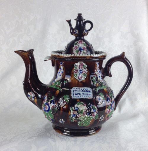 fig 1. Large Victorian Measham Bargeware Teapot God Bless Our Home