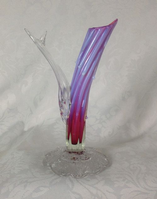 Victorian Bohemian 10" Opalescent Cranberry Pink Thorn Glass Vase 19thc