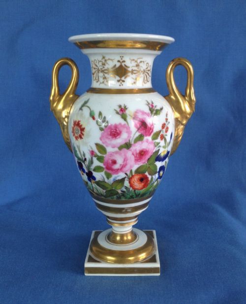 fig 1. Worcester Grainger Lee & Co. Urn Pedestal Vase Swan Handles Floral Enamels