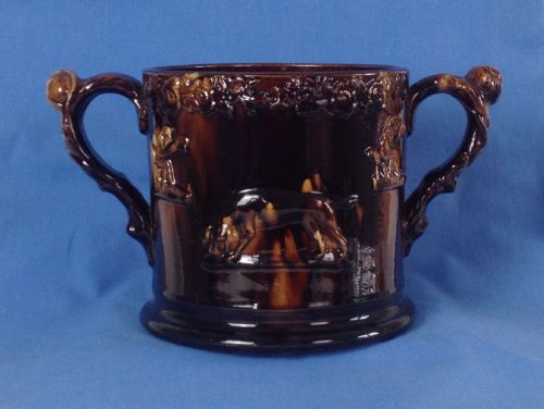 Large Staffordshire Treacle Glaze 2 Frog Mug Loving Cup Rockingham Style